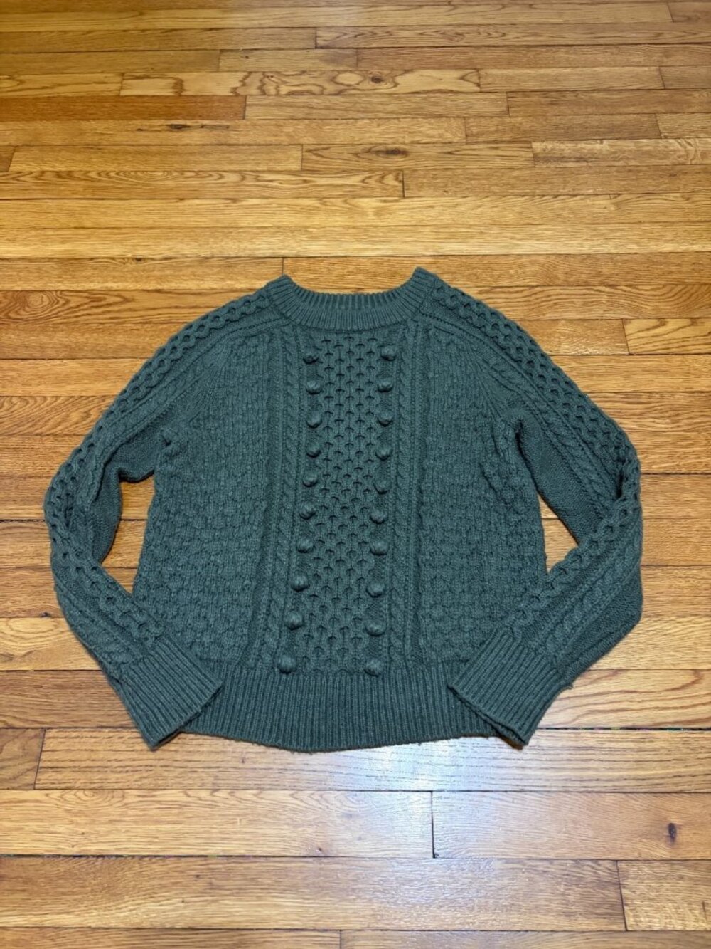 J. Crew Womens Sweater Size Small Green Wool Nylon Cable Knit Pom Pom Preppy